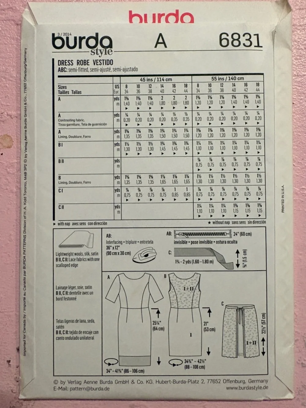 BN UNCUT BURDA 6831 DRESS SEWING PATTERN